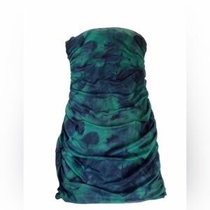Strapless Ruched Dress in Navy and Teal Tie-Dye